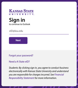A screenshot shows a new sign-on box for K-State's Office 365. The sign on box now starts with just a prompt asking users for their email, instead of also a password.