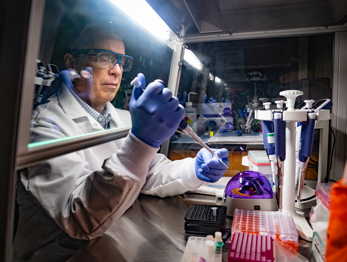 A man in a whtie lab coat and purple gloves fills test tube samples.