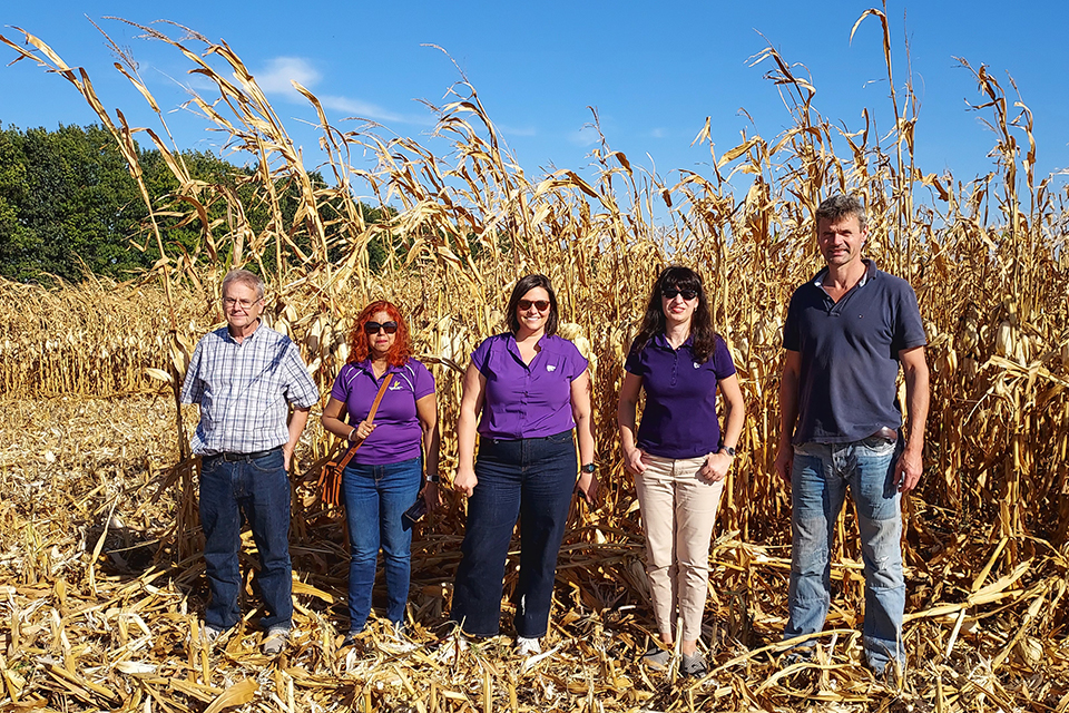 Dena Bunnel, Ganga Hettiarachchi, Antonina Broyaka and Allen Featherstone — members of a Kansas State University research team — stand next to Ukrainian farmer Kees Huizinga as they pose for the camera as they stand on a ledge overlooking the city of Kyiv, Ukraine.