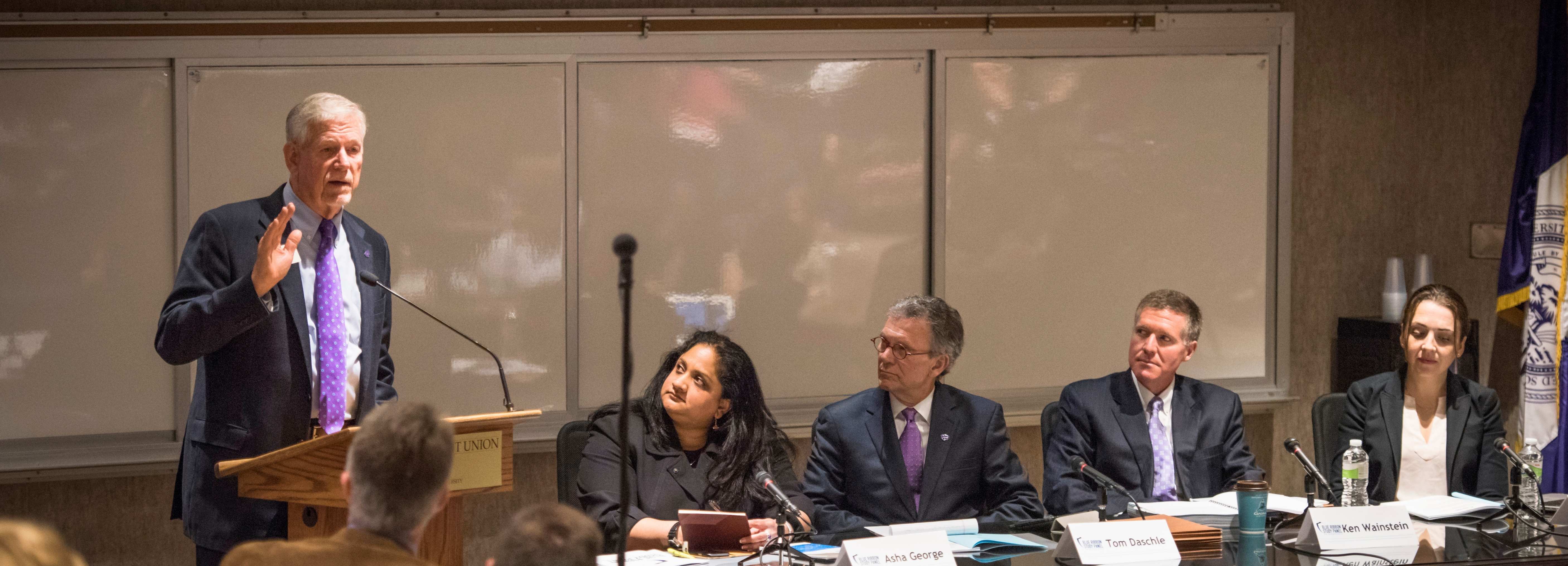 Kansas State University President Richard Myers speaks to the Blue Ribbon Study Panel on Biodefense at a January 2017 series of agrodefense discussions. With Myers, from left, are Asha George, co-director; Tom Daschle, former Senator majority leader and panel member; Kenneth Wainstein, former homeland security adviser to President George W. Bush and panel member; and Ellen Carlin, co-director.