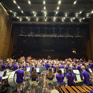 image from behind large band onstage wearing purple