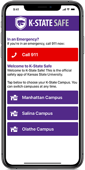 cell phone home screen for KState Safe with call 911 and campus options