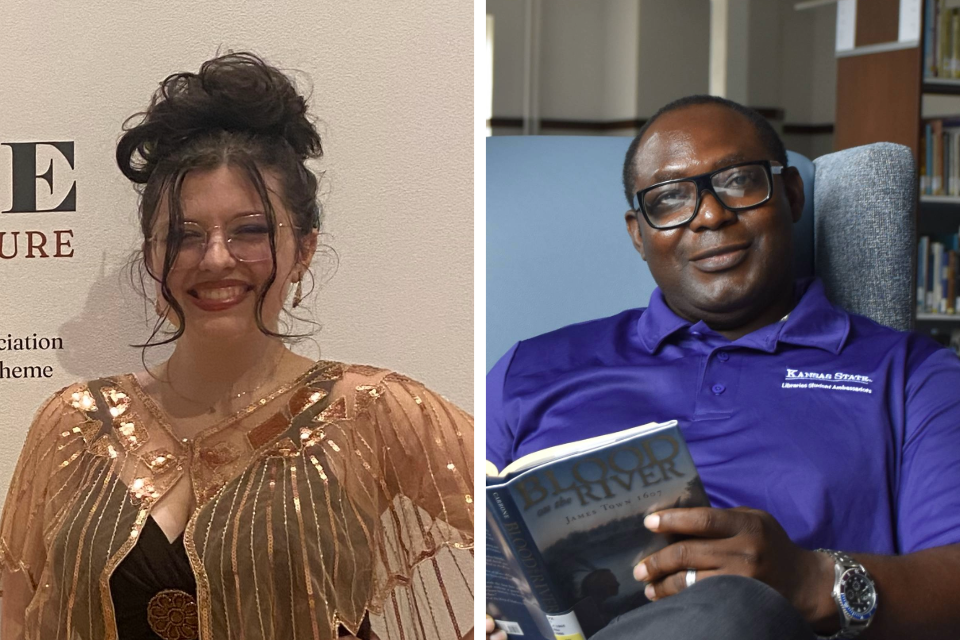 In a two-photo collage, a woman in a black dress and gold shawl smiles for a photo in front of a museum display, and a man in a purple polo shirt sits in a library holding a book and smiles for a photo. 