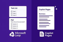 Screenshot of Loop and Copilot comparison. The Loop side shows a task list and a poll. The Copilot side shows a summary page.