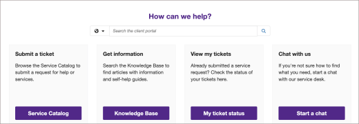 IT Service Portal showing options for submitting a ticket, accessing the knowledge base, viewing ticket status and starting a chat.
