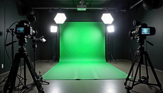 Pro media production studio setup with green screen lighting equipment. Cameras on tripods ready for filming. Modern studio environment for video photo production. High-end tech equipment arranged