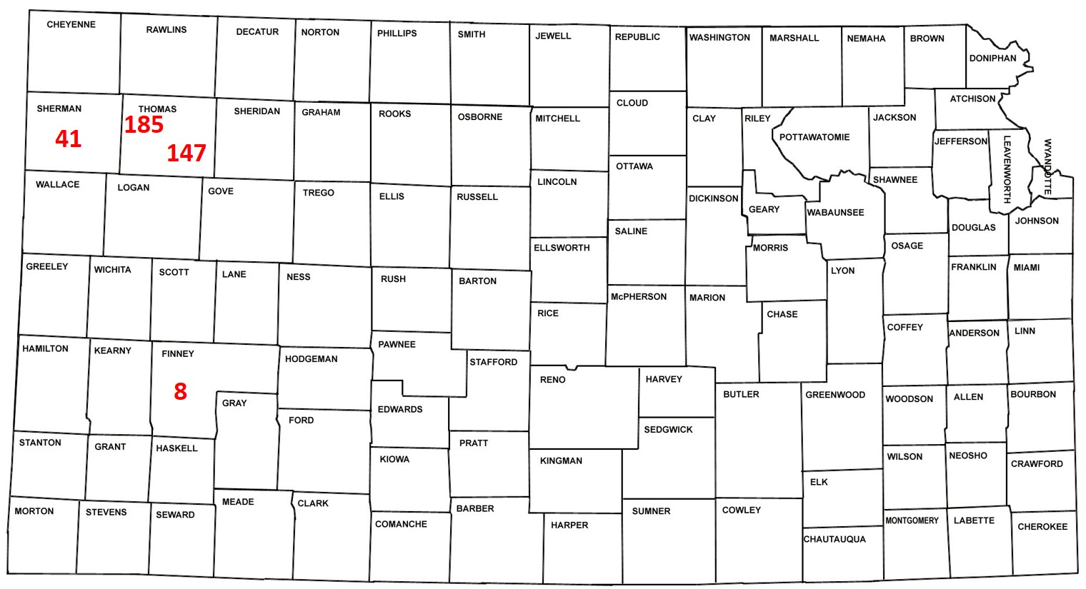 Previous numbers of pheromone traps with only a few caught in the upper North Western counties in Kansas. 