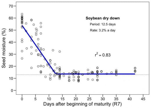 Chart of soybean dry down with the axis of seed moisture and day after beginning of maturity
