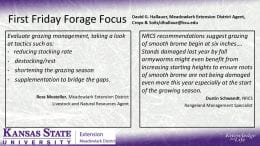 Kansas State University Extension flyer about pasture grazing management, highlighting ways to manage forage shortages and recommendations for grazing smooth brome grass.