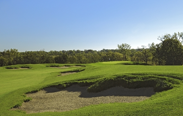 11th hole at FirekeeperGC, a daily fee course owned by the Prairie Band of the Potowatomi. Located in Mayetta, Kansas, the course was designed by Notah Begay and built by Landscapes nlimited. September, 2010. PM shoot. Photograph by Paul Hundley. Print aspect ratio: 0.65