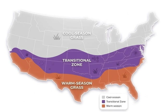 A map outlining the approximate boundaries of the turfgrass transition zone, where both cool- and warm-season grass species are widely grown. 