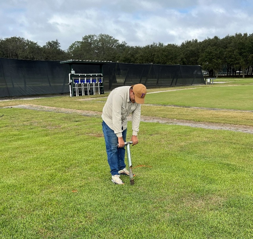 A soil probe can be used to collect multiple soil cores from a turf area.