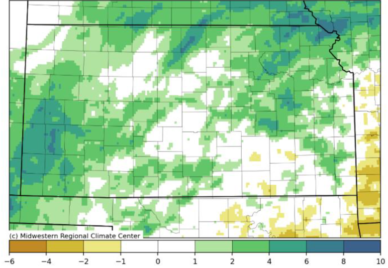 Kansas map showing departure from normal precipitation (inches) for the past month (Source: MRCC).