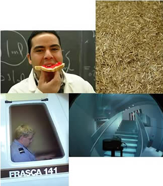 Photo illustration with flight simulator, vision dome, wheat straw and researcher eating jelly toast