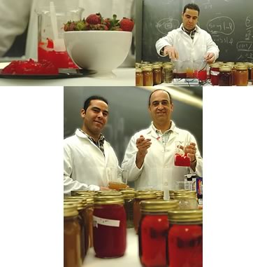 Collage of 3 photos: top left is jelly and a bowl of strawberries; top right is of John Khourvich testing jellies; bottom is of Khourvich and Fadi Aramouni with jars of jelly
