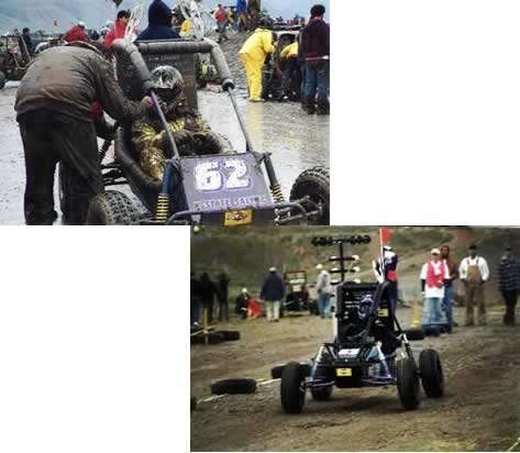 two photos: people in baja cars all muddy