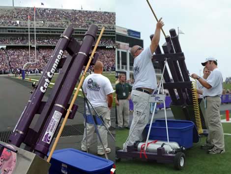 2 PHOTOS: Left, the cat cannon; right, three people putting a shirt in the cat cannon and loading it to shoot