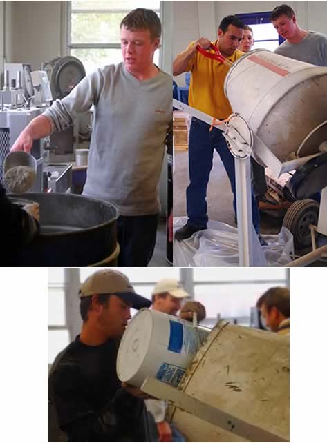 3 photos people playing with concrete mixers