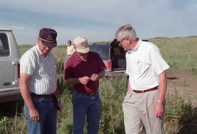 3 men looking at grass