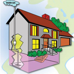 drawing of house with radon coming out