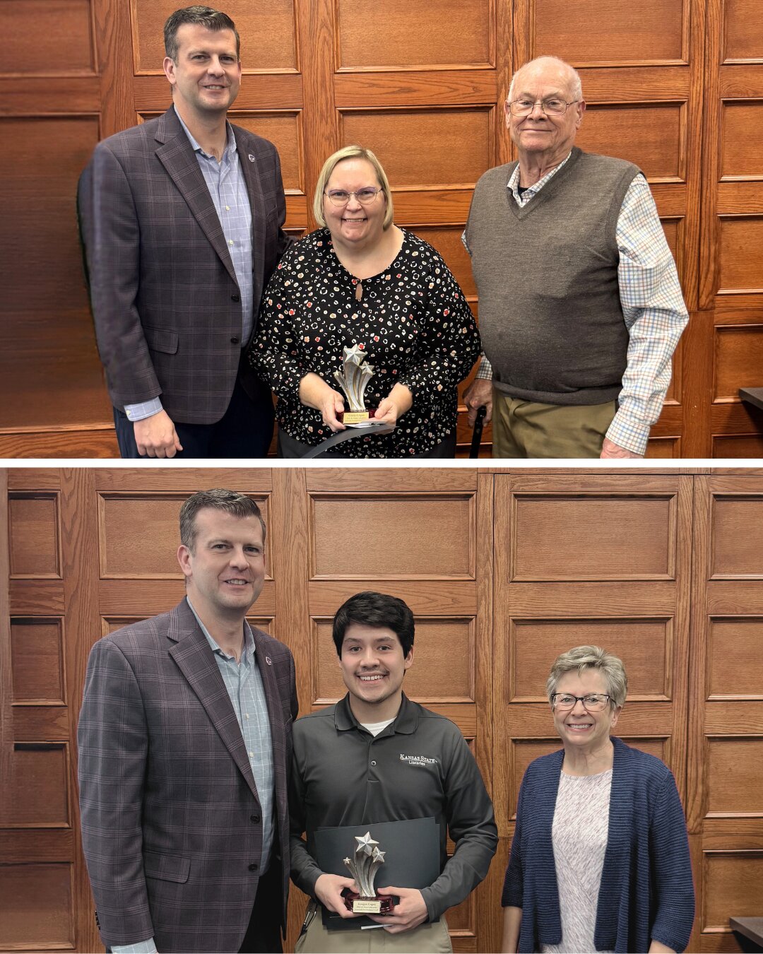 Two photos are stacked vertically with a white bar in between. Both photos feature three people standing in a row in front of a brown textured wall with the middle person holding an award. In the top photo, a woman with a patterned black long-sleeve shirt holds the award trophy. In the bottom photo, a young man wearing a long-sleeved gray polo holds the award.
