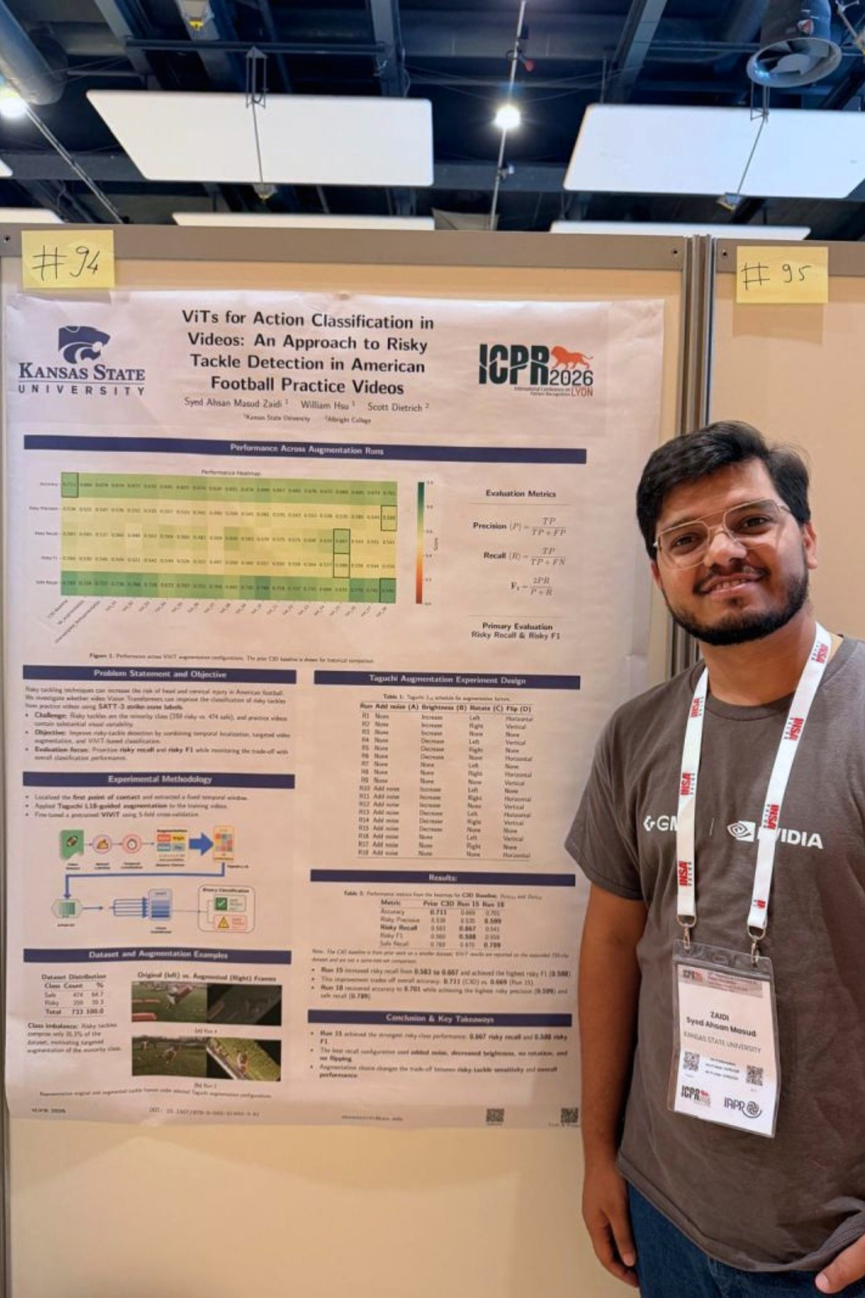 Ahsan Zaidi stands next to his research poster, presented at the 2026 International Conference on Pattern Recognition.