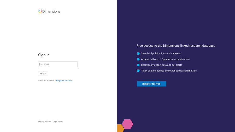 Dimensions signin or register splash page