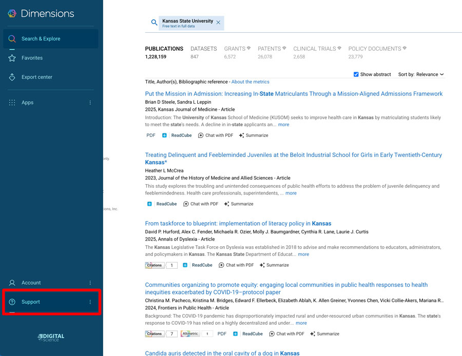 Dimensions support link