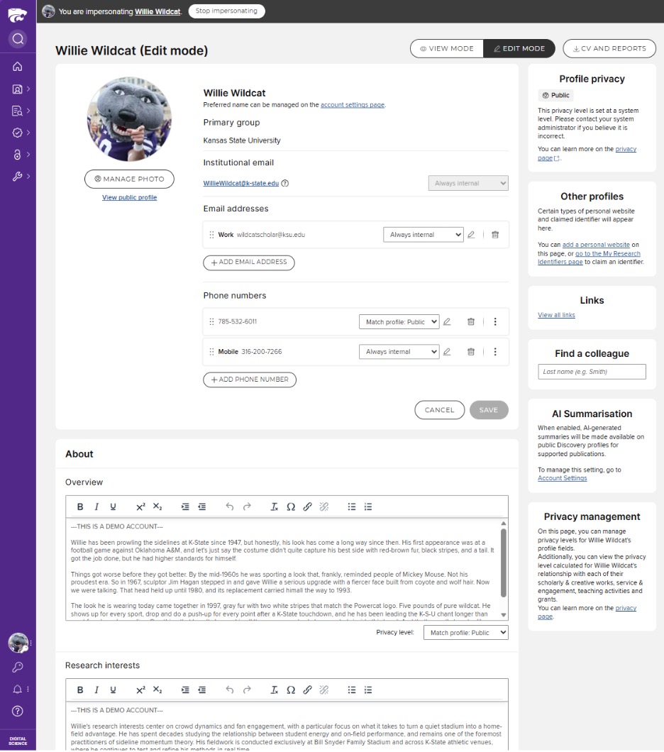 Edit my profile, edit mode