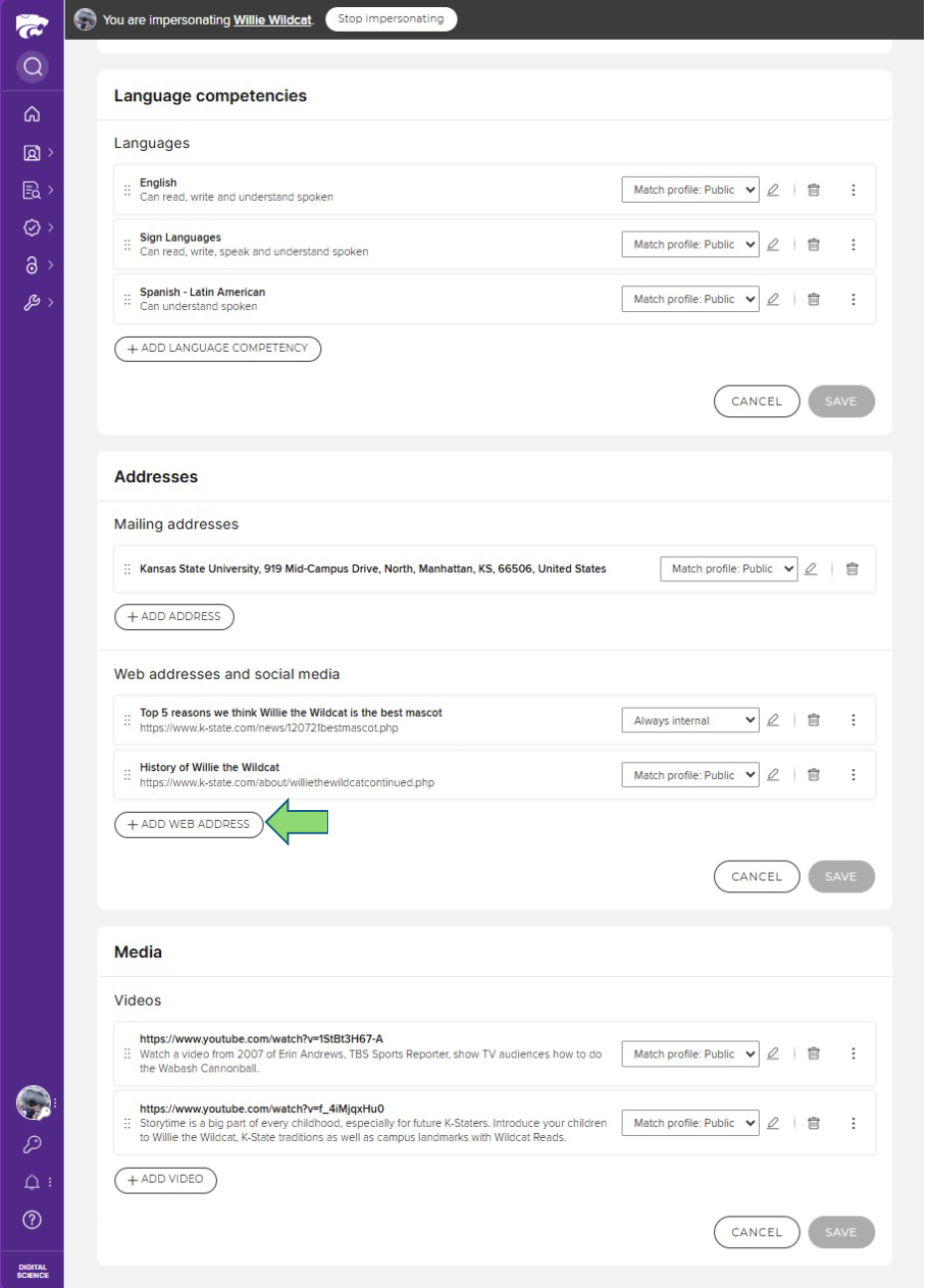 Edit profile page to add a new web address to the Wildcat Scholar profile