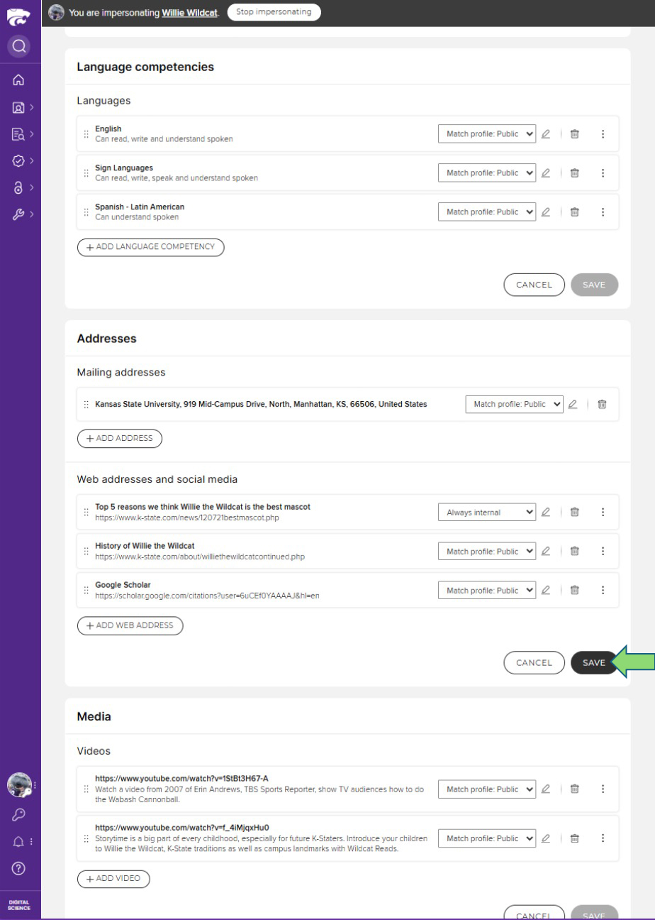 Clicking save on the profile view