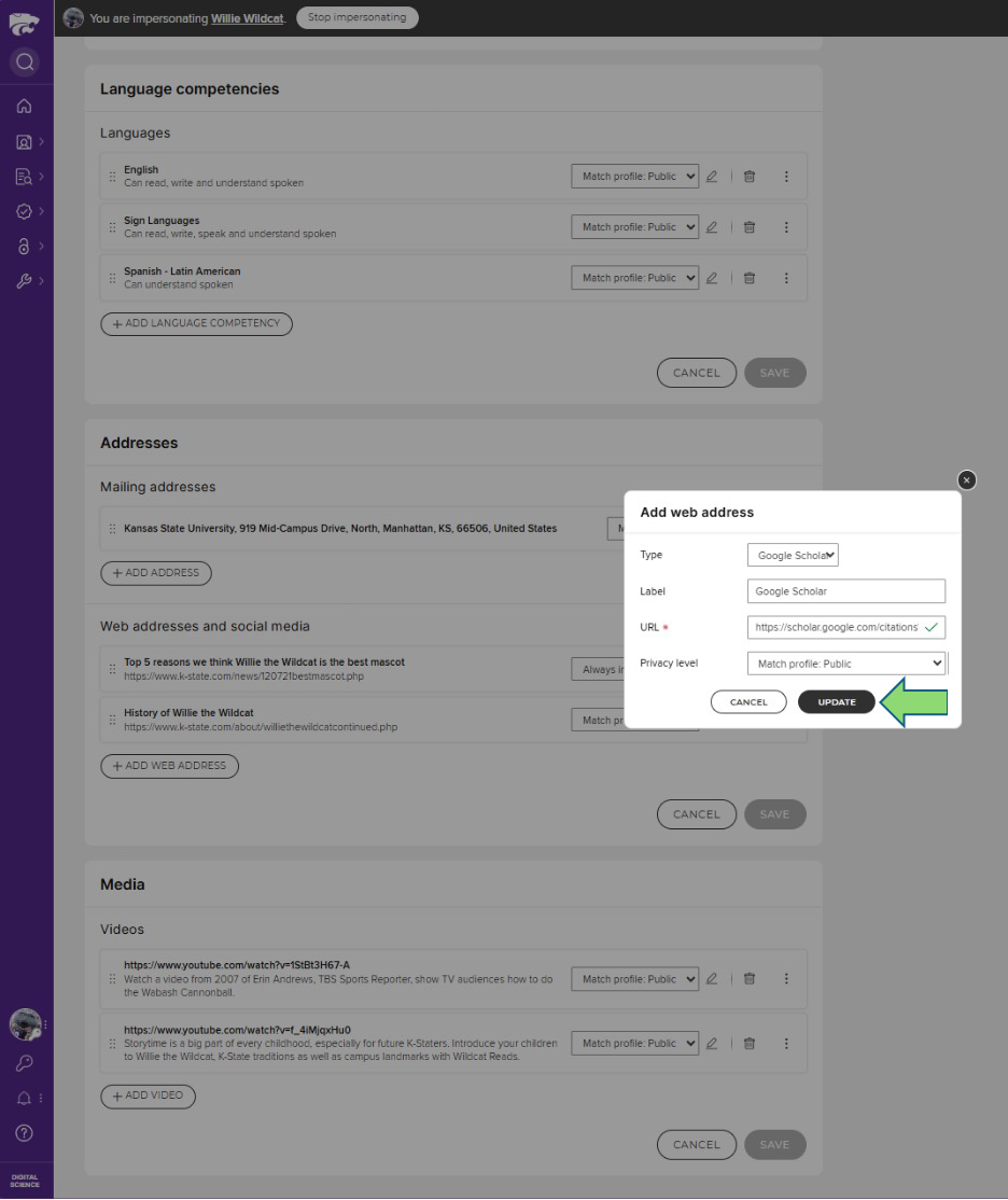 Entering web address information for a Google Scholar webpage