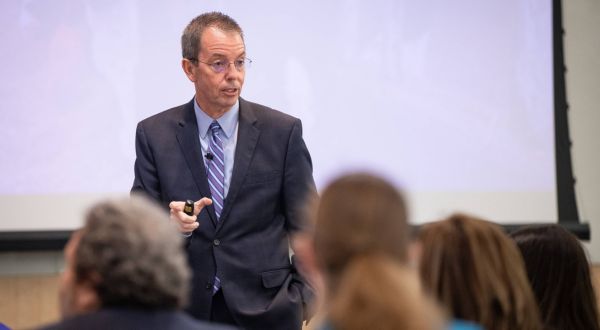 Marshall Stewart, K-State executive vice president for external engagement and chief of staff, talks about K-State animal health research and expertise at One Health Industry Engagement Days.