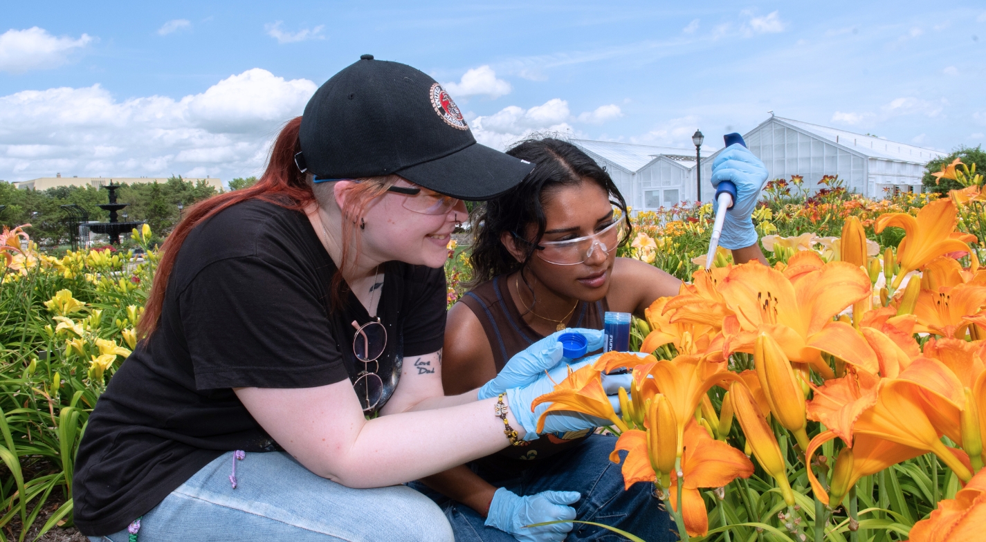 Two female students taking a pipette iris sample in the K-State Gardens