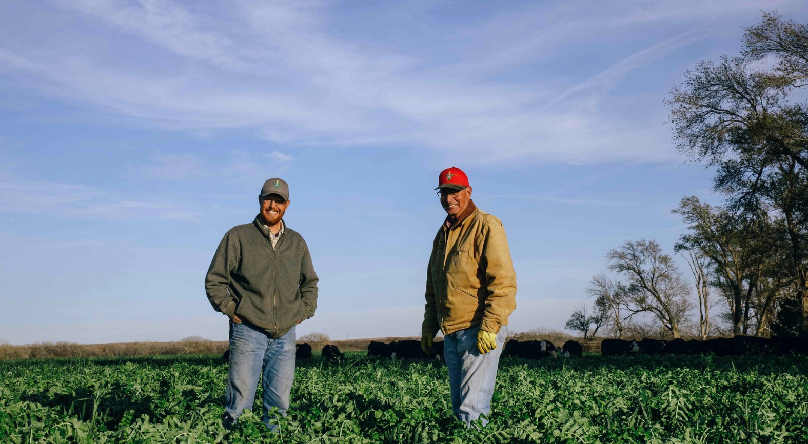 Jeremy Kootz (left) and Charlie Kootz incorporate cover crops to boost soil health and feed livestock on their central Kansas farm.
