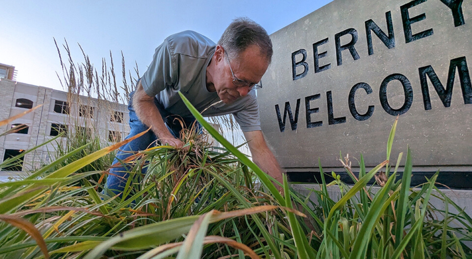 Bob Odle takes pride in making entryways like the Berney Family Welcome Center attractive.