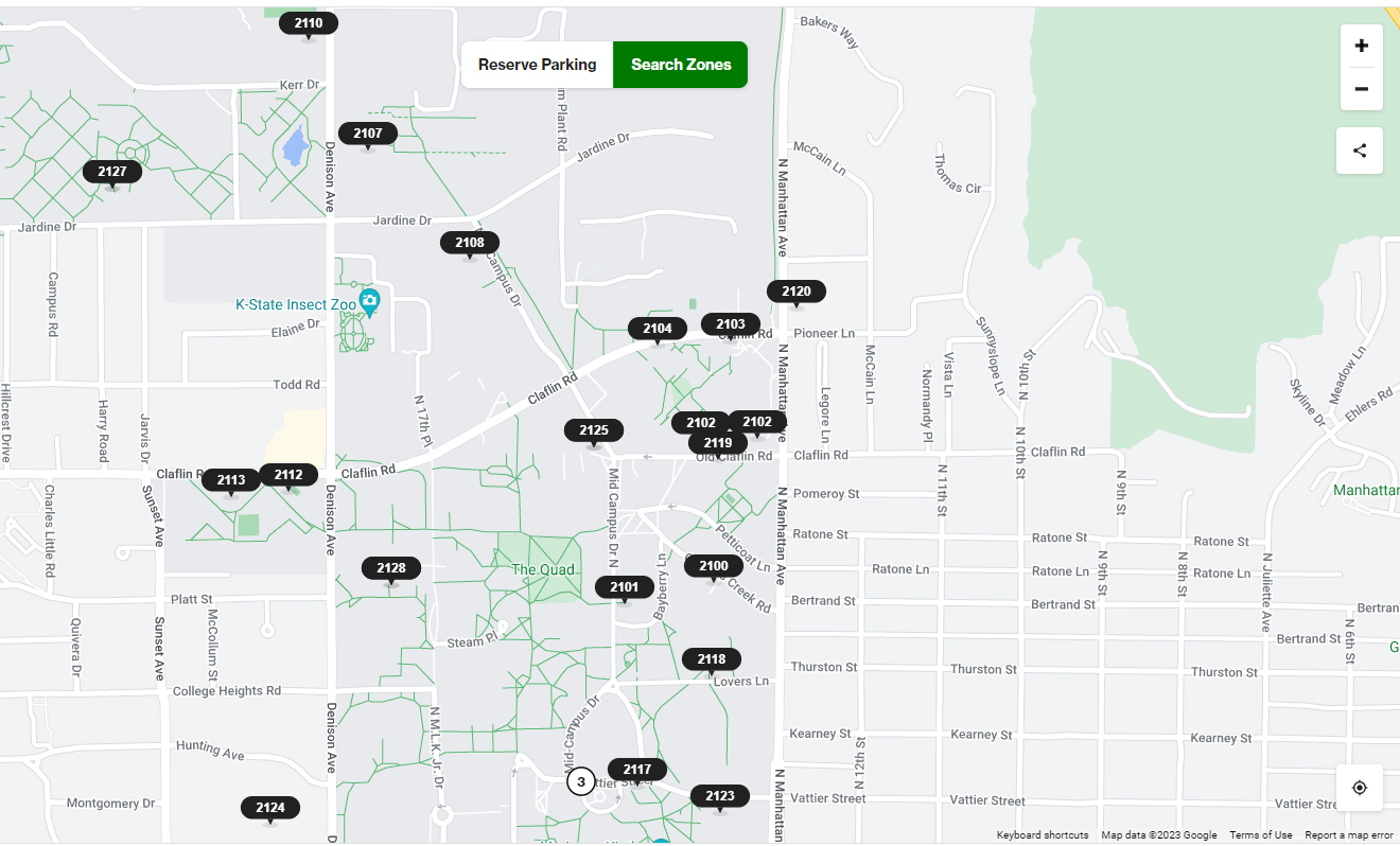 A parkmobile map showing available stalls on campus