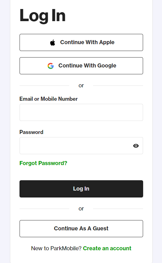 log in screen for parkmobile