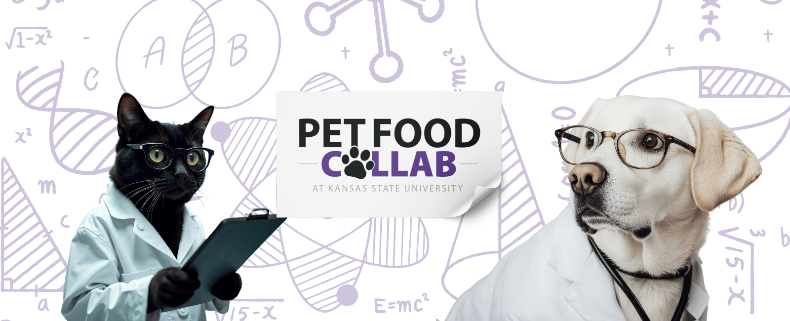 Dog and cat scientists looking at Pet Food Collab logo