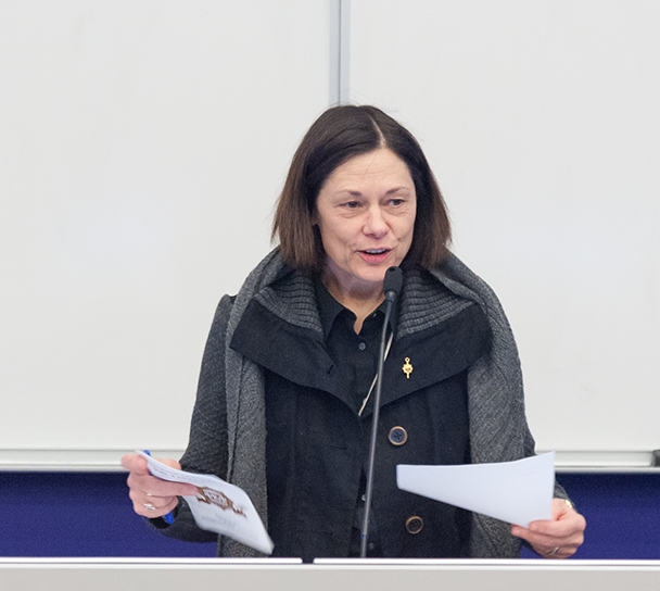 Dr. Lynn Ewanow, Associate Dean from the College of Architecture, Planning, and Design, inducts members from her college