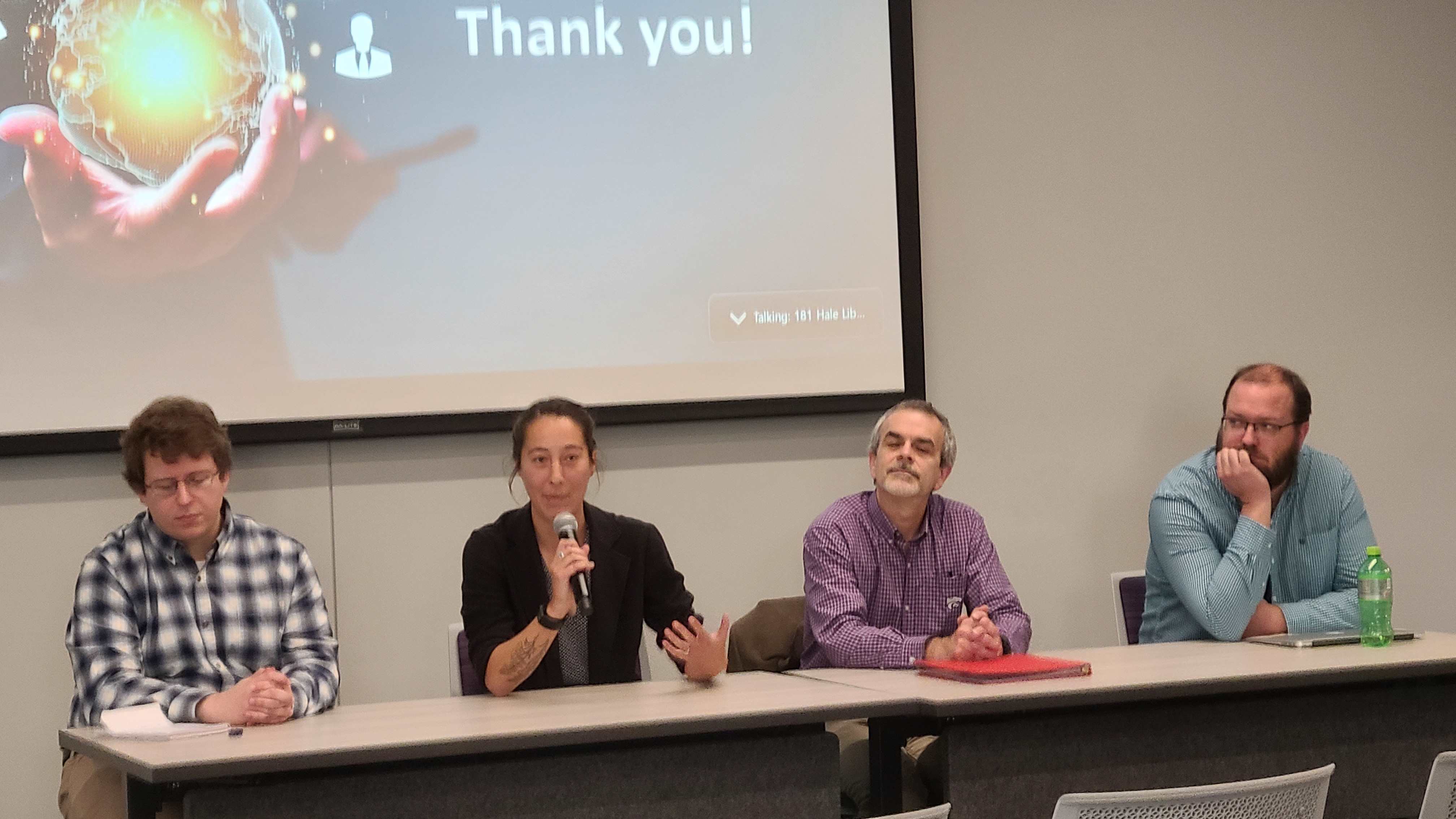 AI symposium panel "AI and Data Ownership: Navigating the Ethical Labyrinth" with (left-right) Jack Himelright, Camila Hernandez-Flowerman, Roger McHaney and JT Laverty.