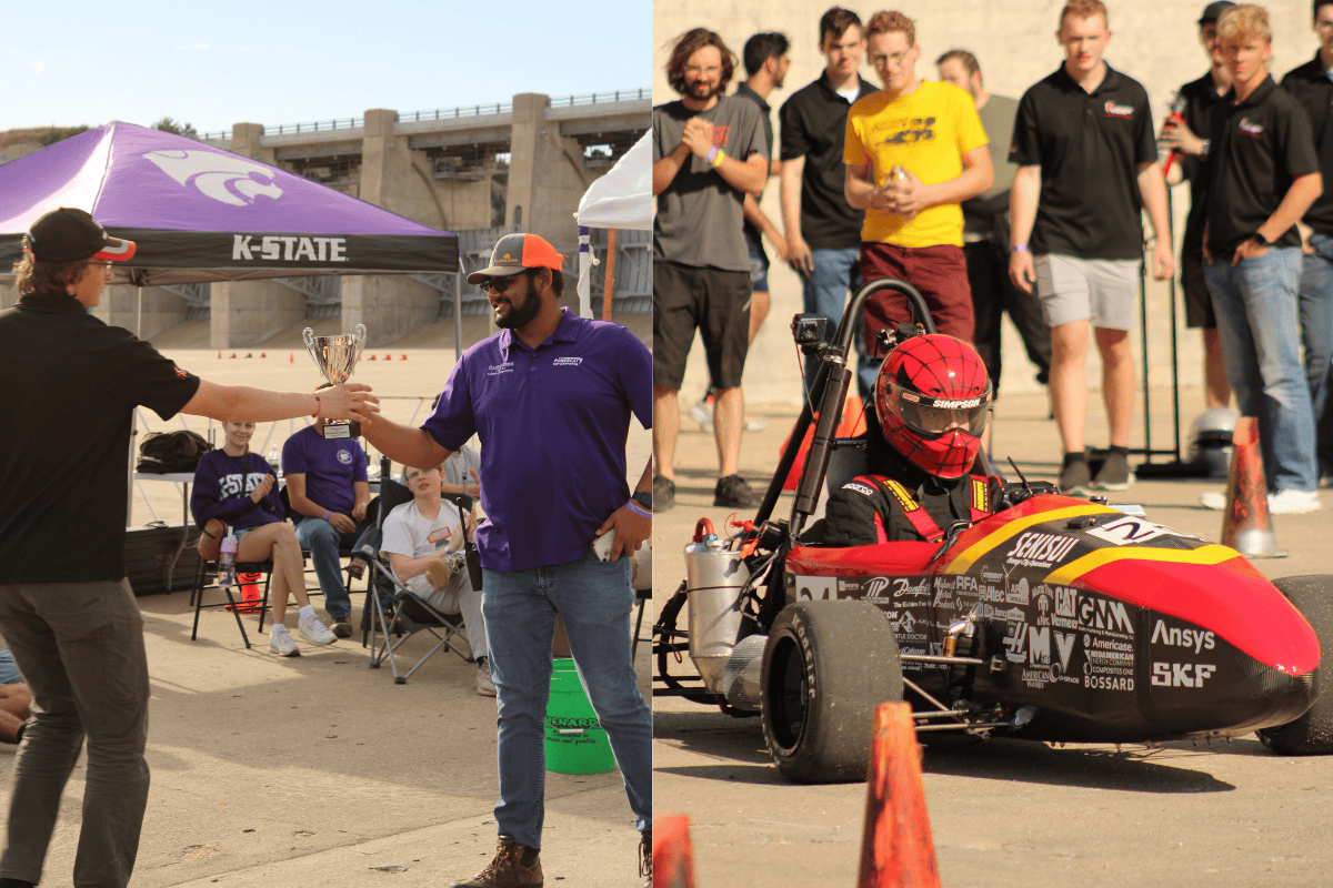 On the left. ISU retrieves their trophy and on the right ISU prepares to compete