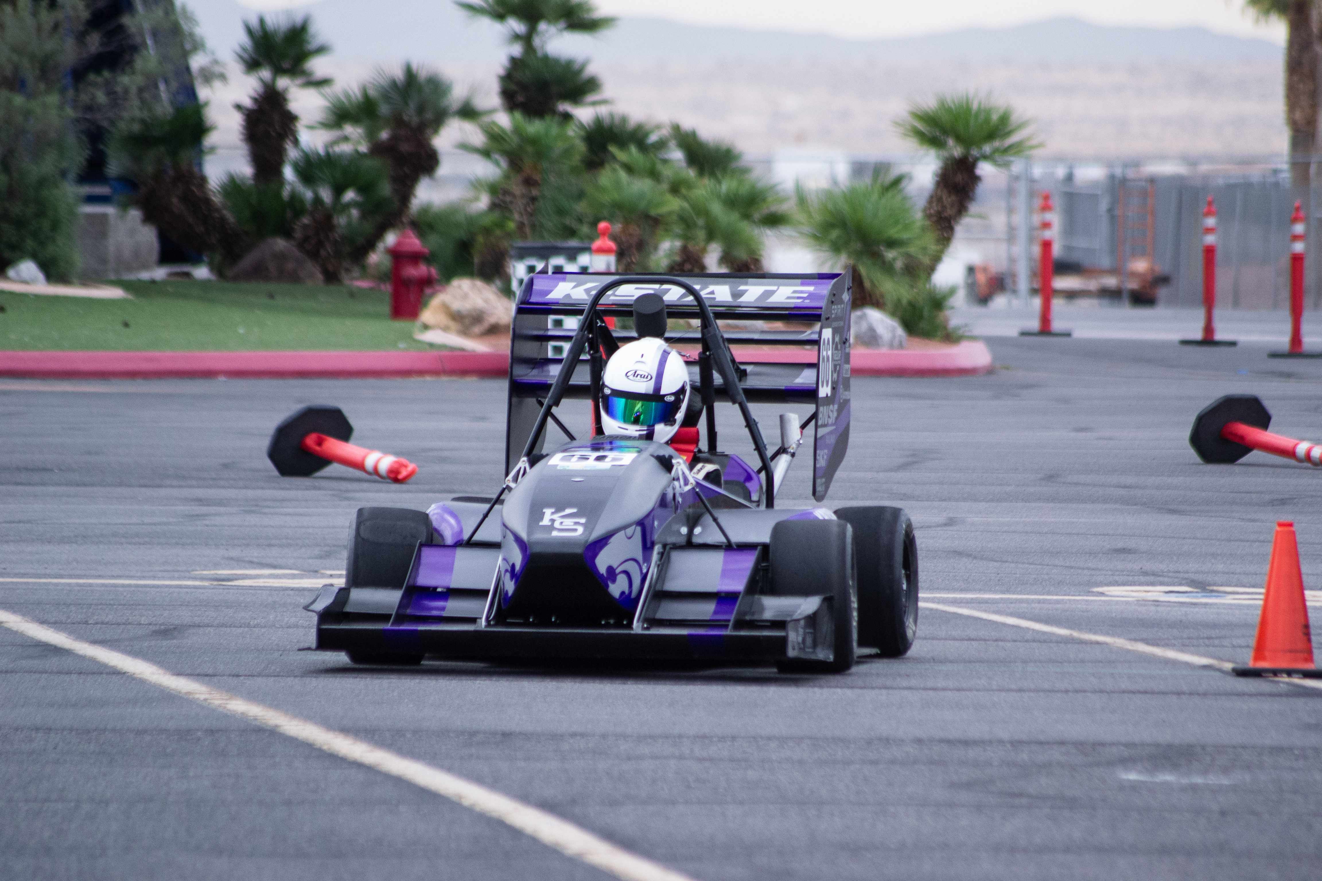 A cool image of Caracal racing in California with the mountains dimly in the background and palm trees visible.