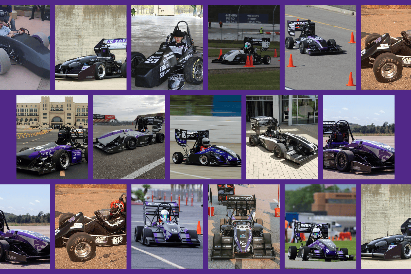 A collage of photos of our cars throughout the years of competing