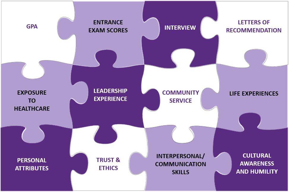Components of a competitive application, including GPA, entrance exam scores, leadership experience, community service and more, are displayed as puzzle pieces in a variety of purple, lavender and white shades.