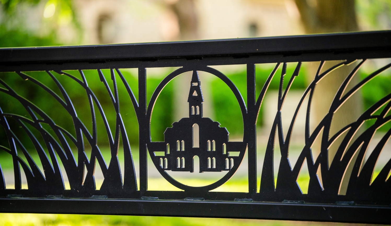 A bench showcasing Kansas grass and Anderson Hall
