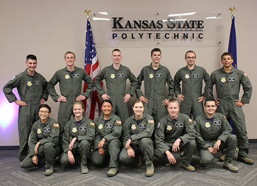 The Kansas State University Polytechnic Campus is a partner school in the Air Force Junior ROTC's new chief of staff of the Air Force scholarship program, Flight Academy, helping 12 cadets earn their private pilot certificate this summer. Front row, from left: Tiffany Swallow, Emma Rick, Angela Xiong, Alexis Ehlbeck, Brooks Franklin and Tomas Frances. Back row, from left: Sebastian Wolf, Dylan Snedeker, Carson Beck, Koby Battema, Aaron Falk and Angelo Wilder.