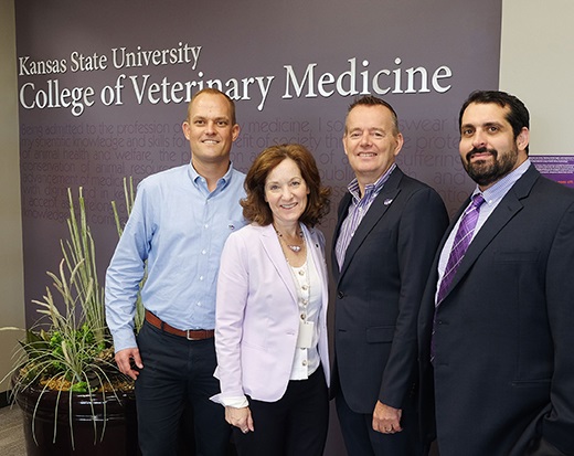 Bonnie Rush, second from left, interim dean of the College of Veterinary Medicine at Kansas State University, meets with, from left, Jesper Nordengaard, Jolle Kirpensteijn and Omar Farias from Hill's Pet Nutrition about Hill's lead gift supporting the creation of a new Pet Health & Nutrition Center at the university's Veterinary Health 