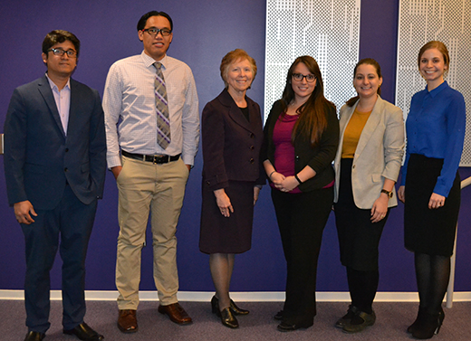 Winners of the annual Research and the State competition with Carol Shanklin, dean of the Graduate School, center. From left: Niloy Barua, Sylvester Badua, Obdulia Covarrubias Zambrano, Emily Pascoe and Erin Ward. Not pictured are Kent Connell, Rory O'Connor, Balaji Aravindhan Pandian, Chandrima Shyam and Ana Stoian.