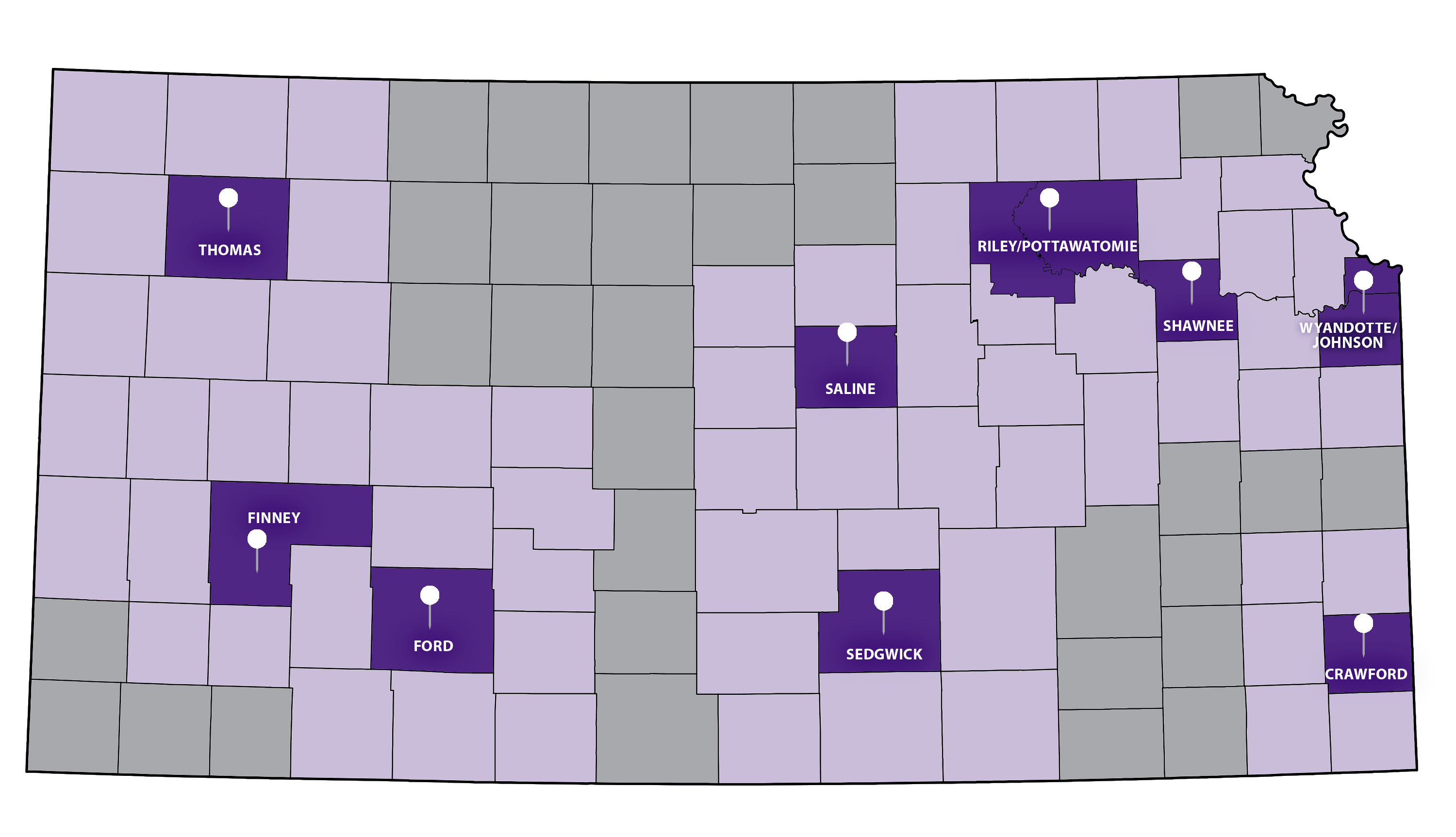 This map of Kansas shows the nine locations of the K-State community visits for the 2022-2023 academic year. 